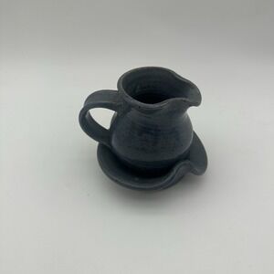 Handcrafted Pottery Creamer with Under-plate Blue Glaze 3 1/2"